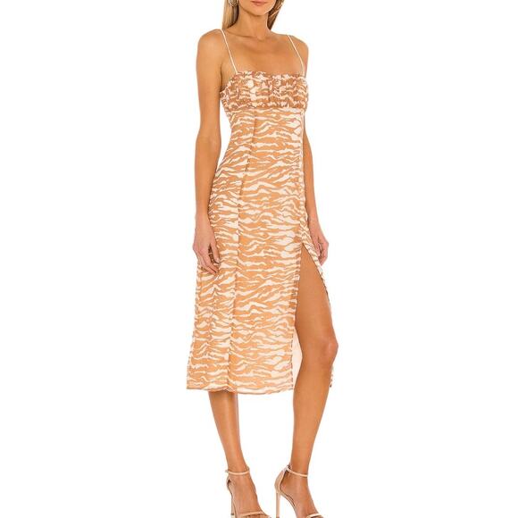 Camila Coelho Bailee Midi Slip Dress Womens L Brown Zebra Animal Print Slit - Picture 2 of 15